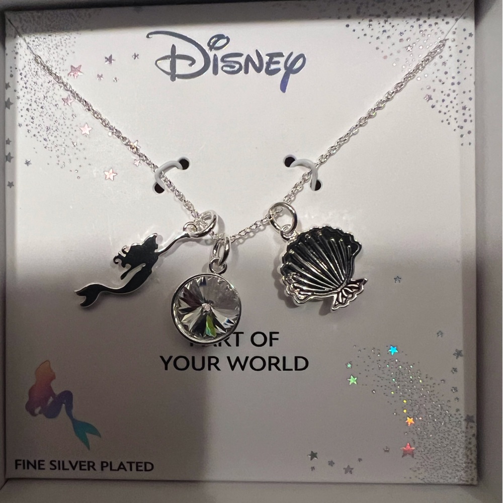 Disney Silver Mermaid, Shell & Crystal Charm Necklace - Silver